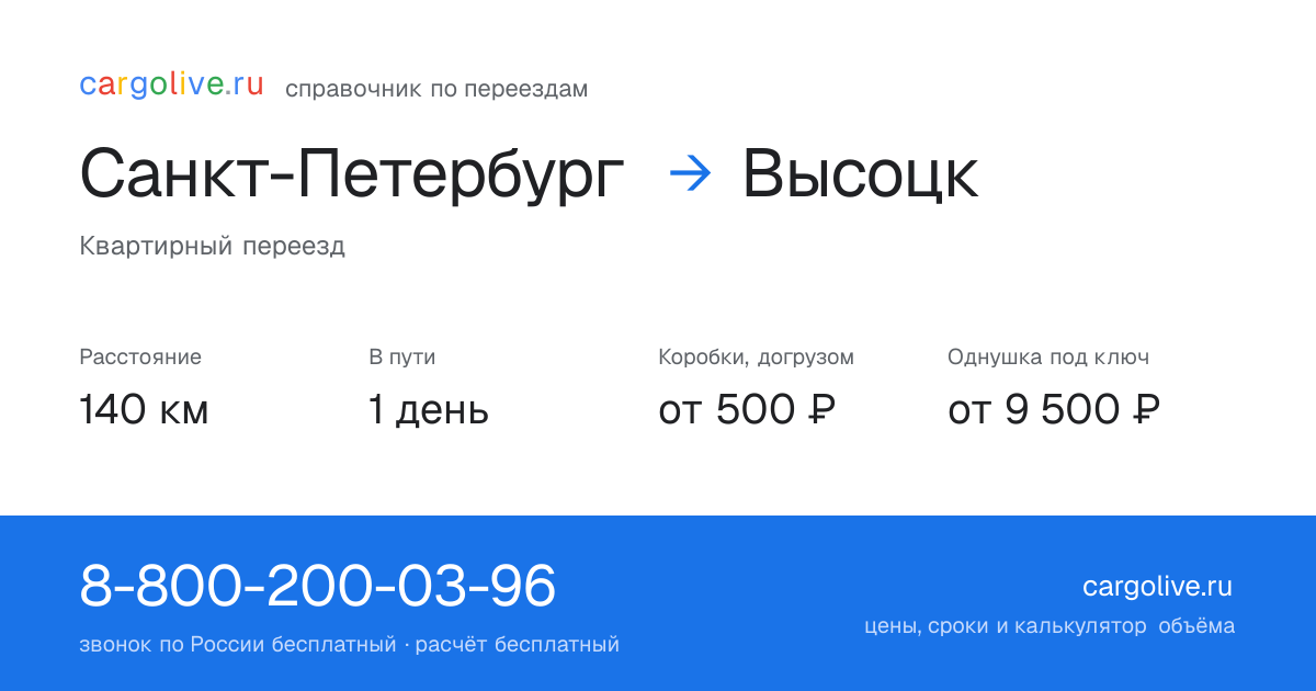 Переезд из Санкт-Петербурга в Высоцк: 140 км, 1 день в пути, от 2 000 ₽