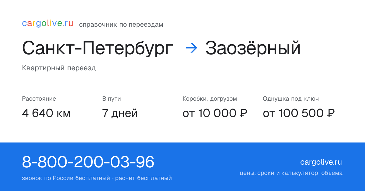 Переезд из Санкт-Петербурга в Заозёрный: 4 640 км, 7 дней в пути, от 10 000 ₽