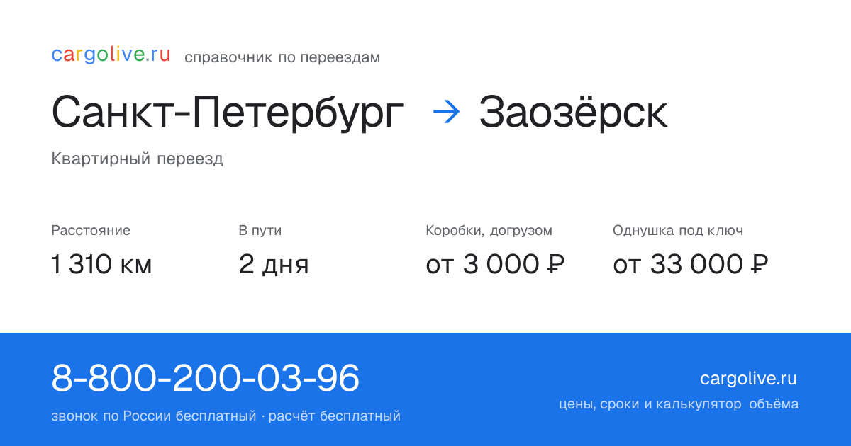 Переезд из Санкт-Петербурга в Заозёрск: 1 310 км, 2 дня в пути, от 3 000 ₽