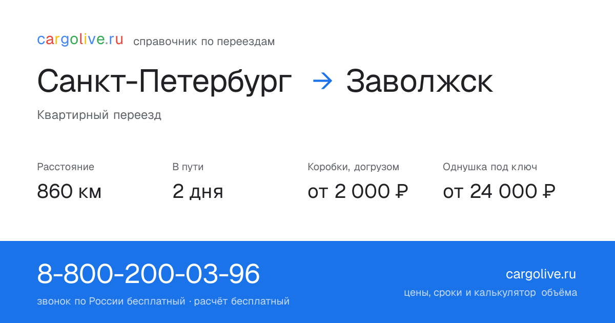 Переезд из Санкт-Петербурга в Заволжск: 860 км, 2 дня в пути, от 2 000 ₽