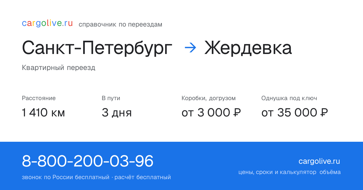 Переезд из Санкт-Петербурга в Жердевку: 1 410 км, 3 дня в пути, от 3 000 ₽