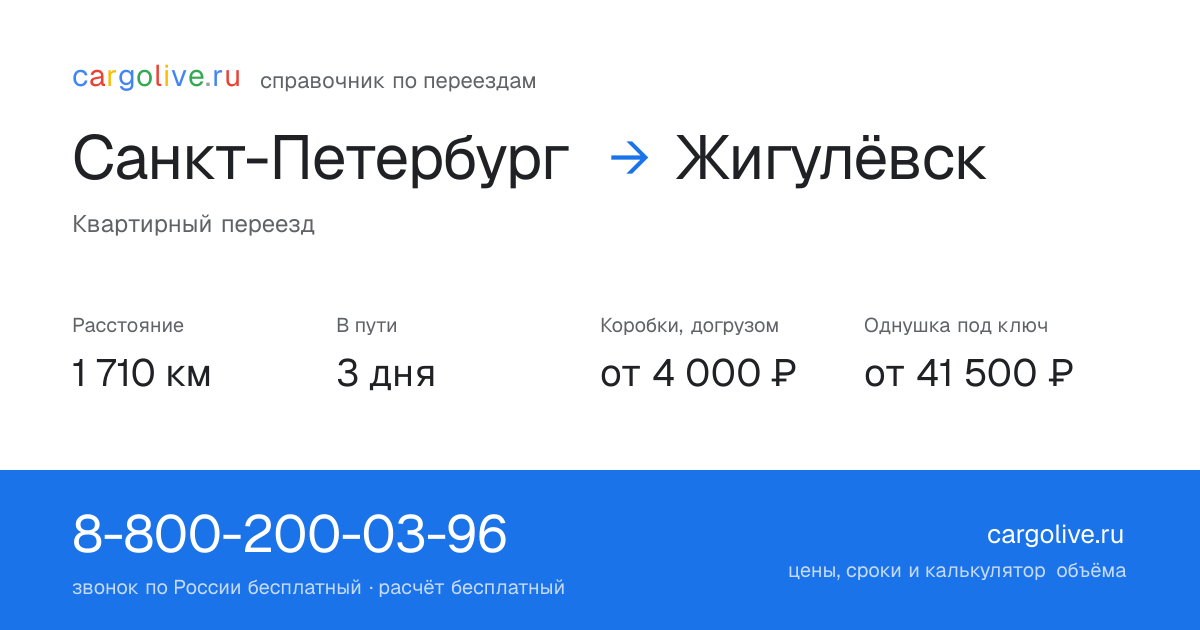 Переезд из Санкт-Петербурга в Жигулёвск: 1 710 км, 3 дня в пути, от 4 000 ₽