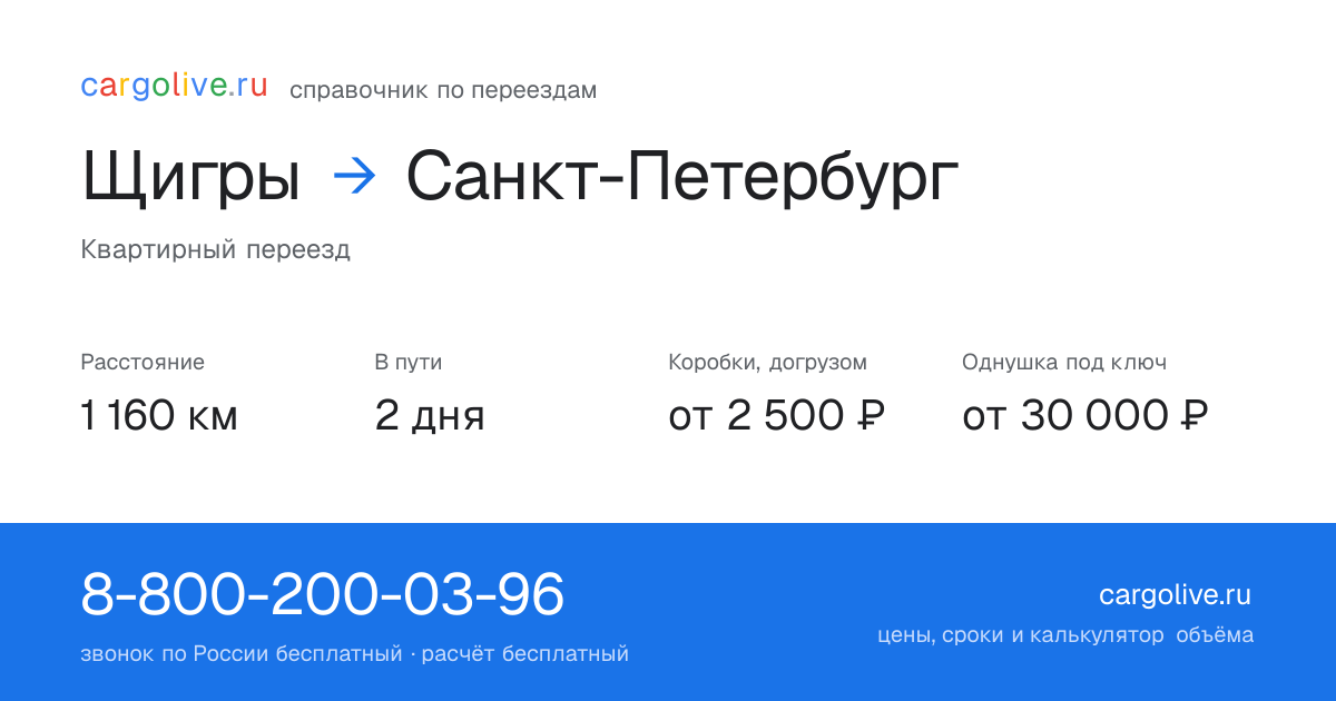 Переезд из Щигров в Санкт-Петербург: 1 160 км, 2 дня в пути, от 2 500 ₽