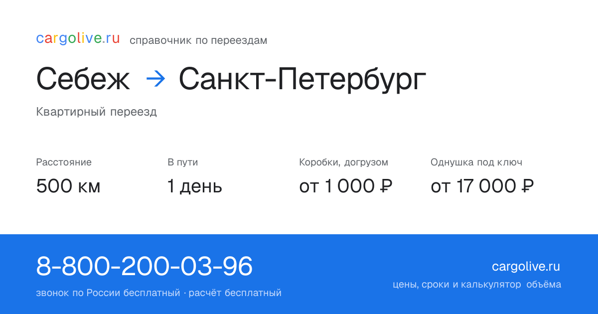 Переезд из Себежа в Санкт-Петербург: 500 км, 1 день в пути, от 2 000 ₽