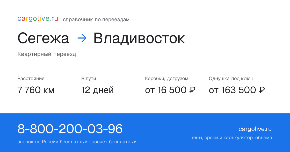 Переезд из Сегежи во Владивосток: 7 760 км, 12 дней в пути, от 16 500 ₽