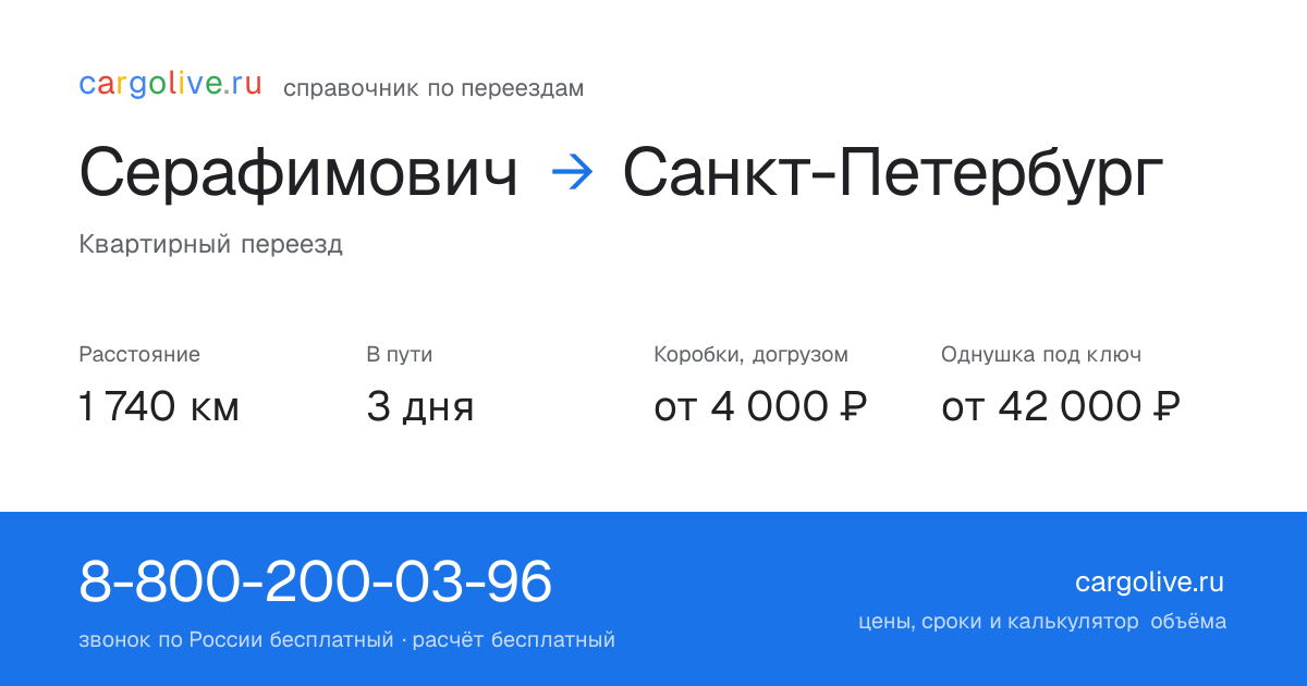 Переезд из Серафимовича в Санкт-Петербург: 1 740 км, 3 дня в пути, от 4 000 ₽
