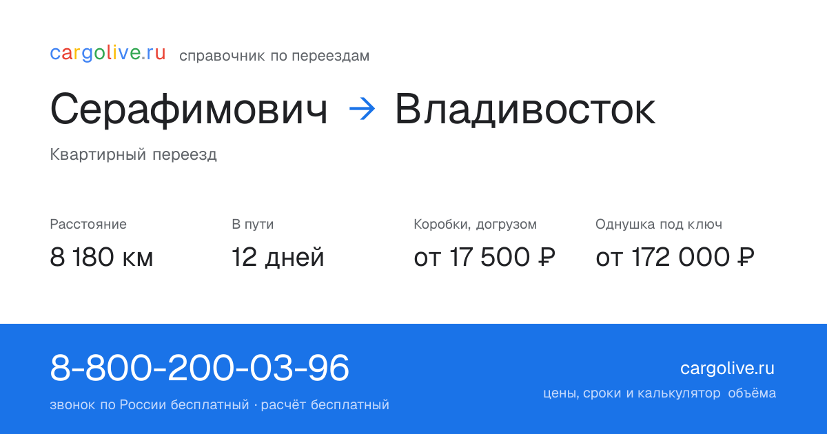 Переезд из Серафимовича во Владивосток: 8 180 км, 12 дней в пути, от 17 500 ₽