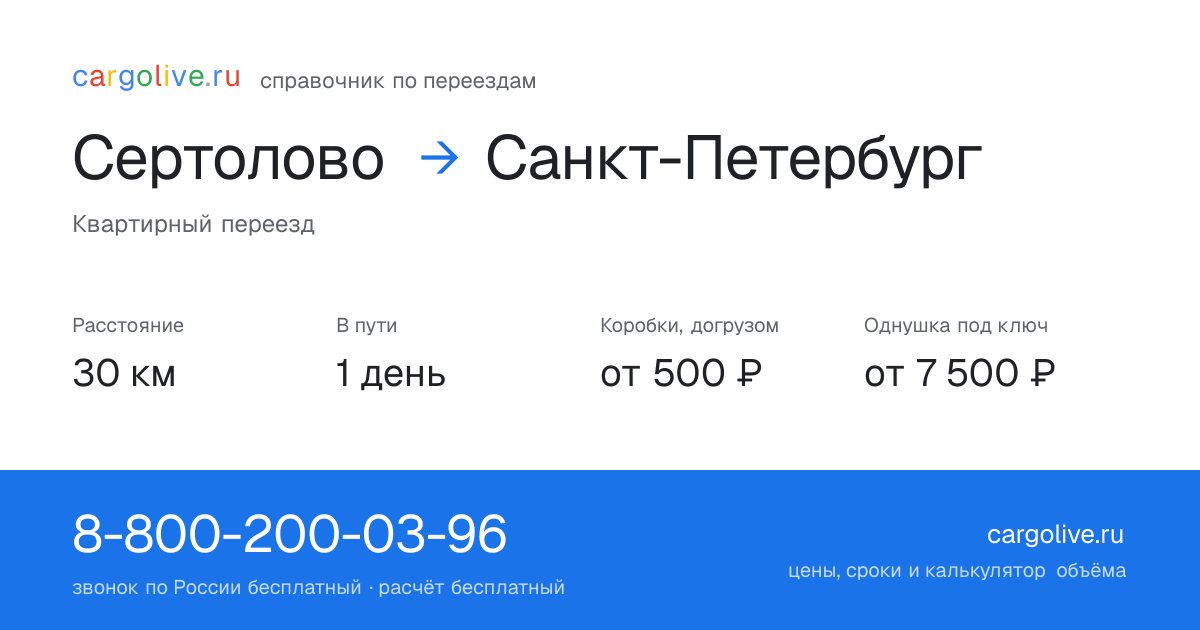 Переезд из Сертолова в Санкт-Петербург: 30 км, 1 день в пути, от 2 000 ₽
