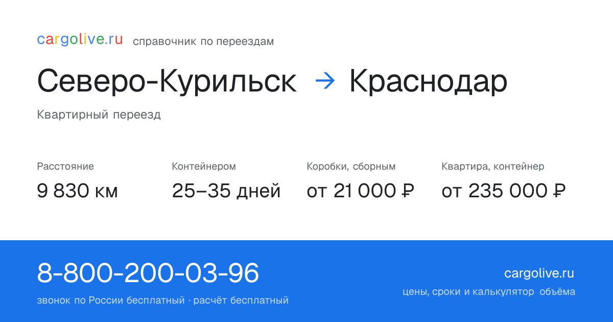 Переезд из Северо-Курильска в Краснодар: 9 830 км, контейнером 25–35 дней, от 21 000 ₽