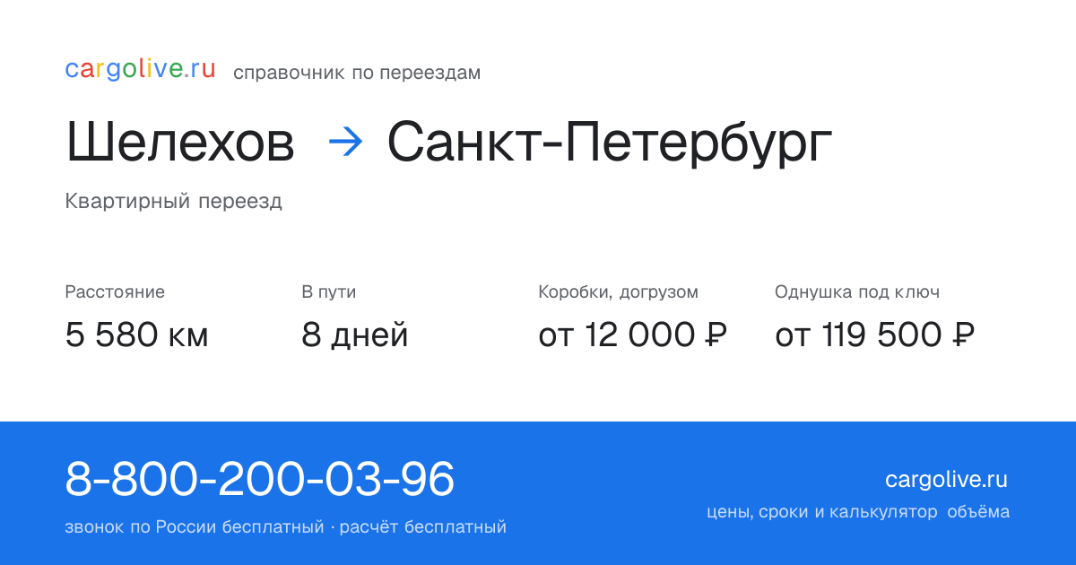 Переезд из Шелехова в Санкт-Петербург: 5 580 км, 8 дней в пути, от 12 000 ₽