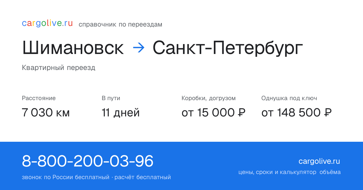 Переезд из Шимановска в Санкт-Петербург: 7 030 км, 11 дней в пути, от 15 000 ₽