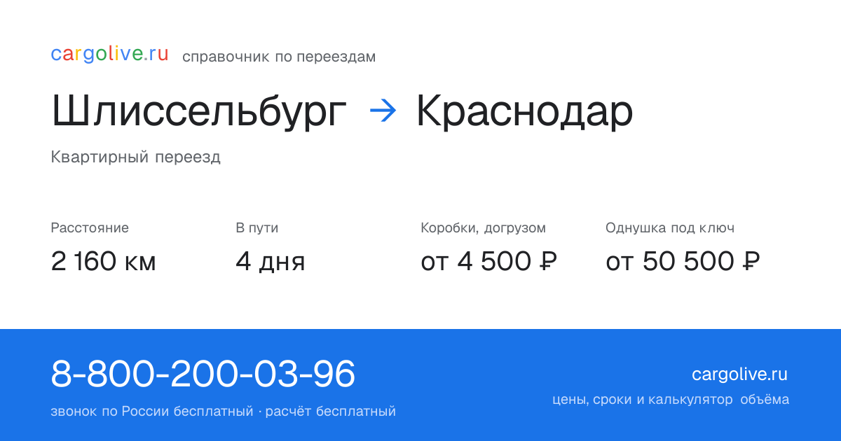 Переезд из Шлиссельбурга в Краснодар: 2 160 км, 4 дня в пути, от 4 500 ₽