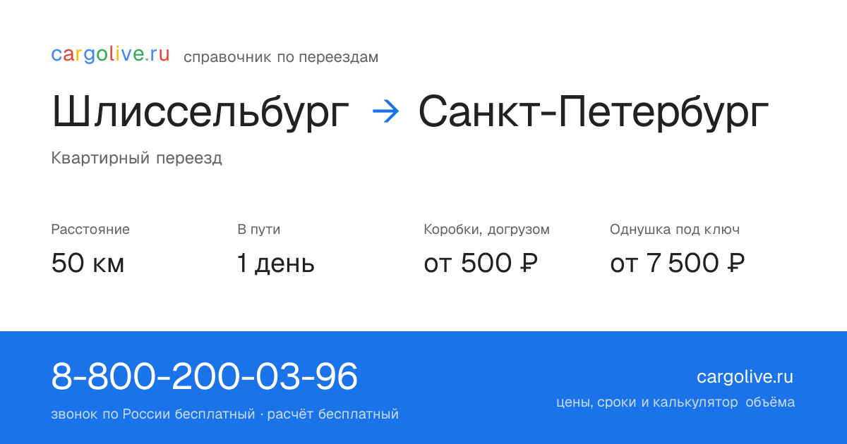 Переезд из Шлиссельбурга в Санкт-Петербург: 50 км, 1 день в пути, от 2 000 ₽