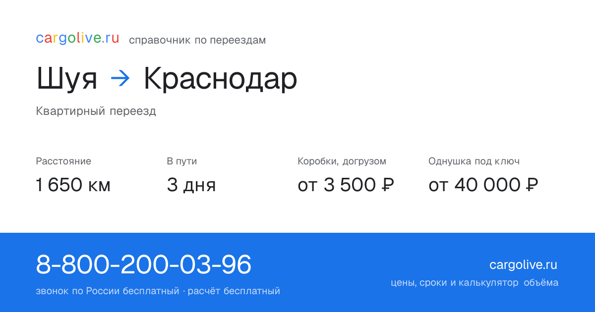 Переезд из Шуи в Краснодар: 1 650 км, 3 дня в пути, от 3 500 ₽