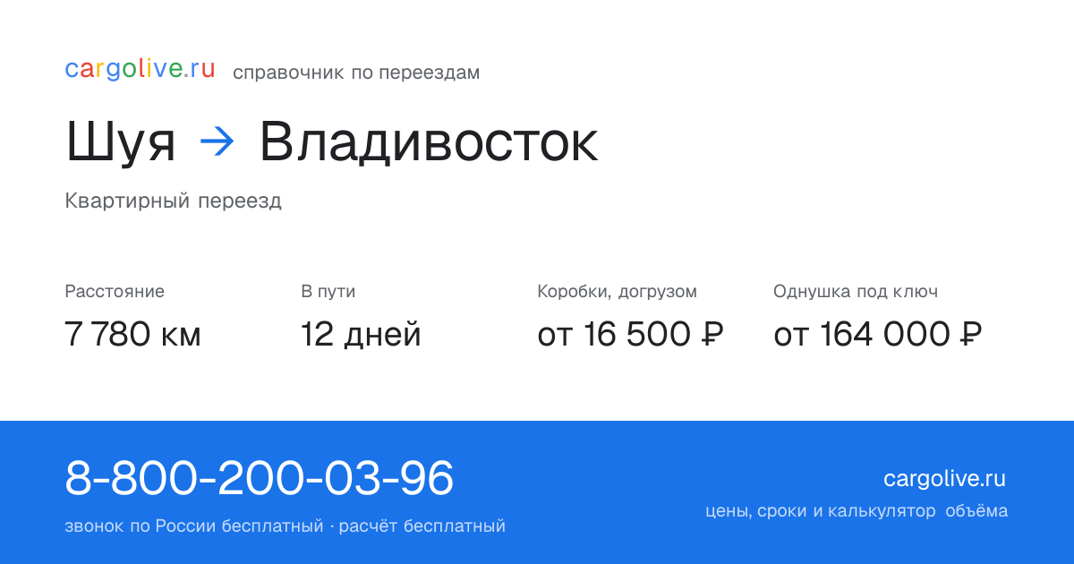 Переезд из Шуи во Владивосток: 7 780 км, 12 дней в пути, от 16 500 ₽