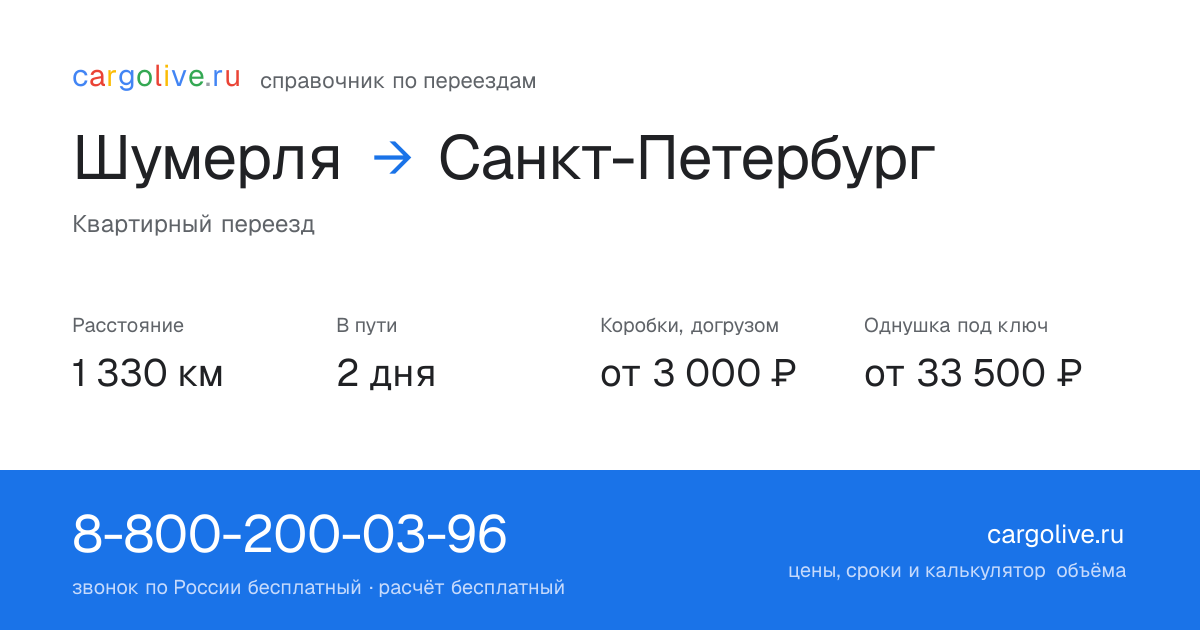 Переезд из Шумерли в Санкт-Петербург: 1 330 км, 2 дня в пути, от 3 000 ₽
