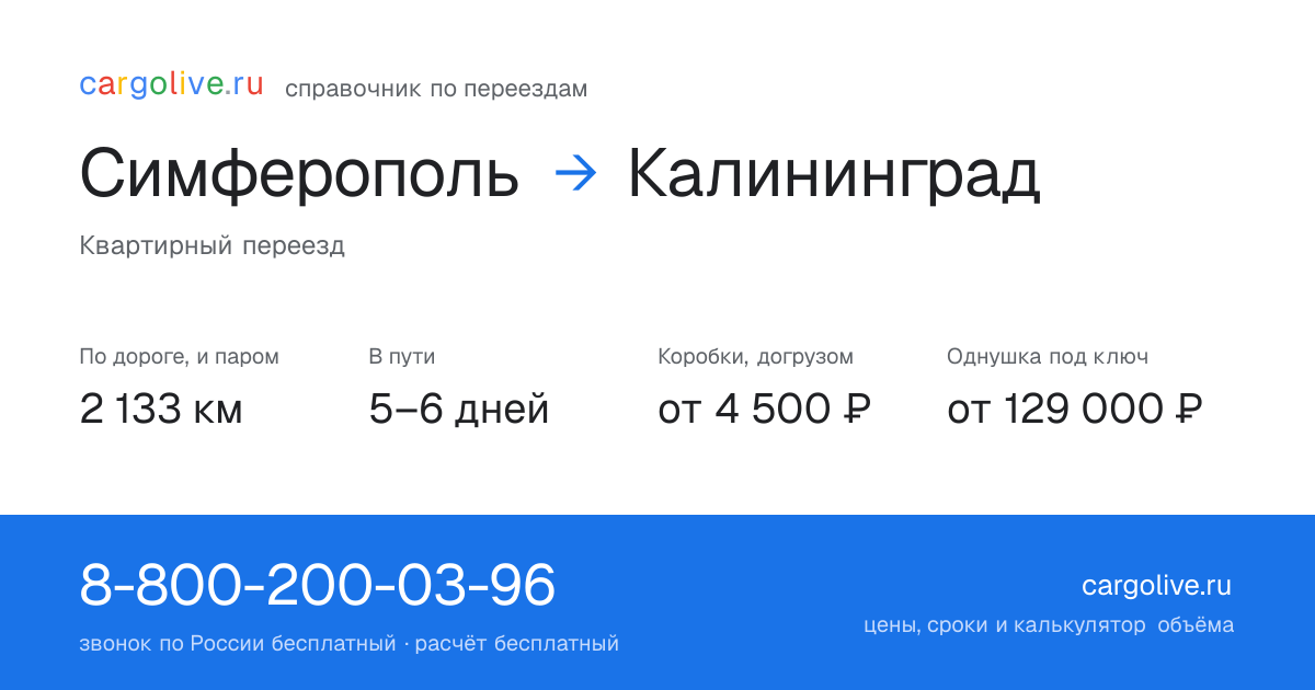 Переезд из Симферополя в Калининград: 2 133 км по дороге и паром, 5–6 дней в пути, от 4 500 ₽