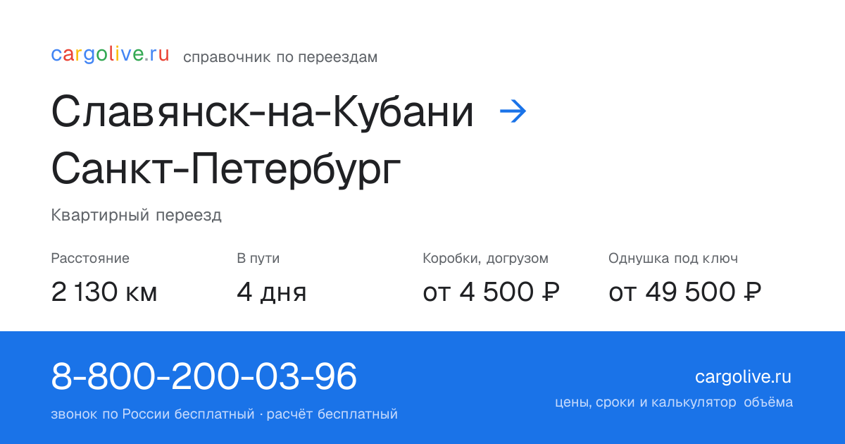 Переезд из Славянска-на-Кубани в Санкт-Петербург: 2 130 км, 4 дня в пути, от 4 500 ₽