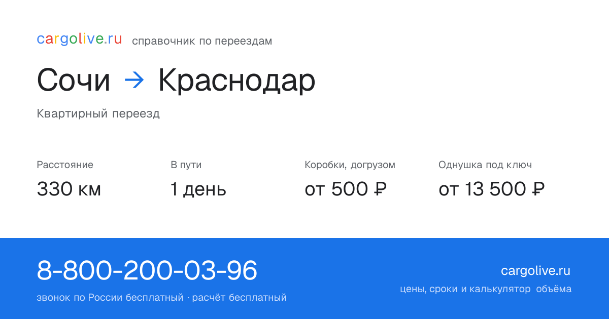 Переезд из Сочи в Краснодар: 330 км, 1 день в пути, от 2 000 ₽