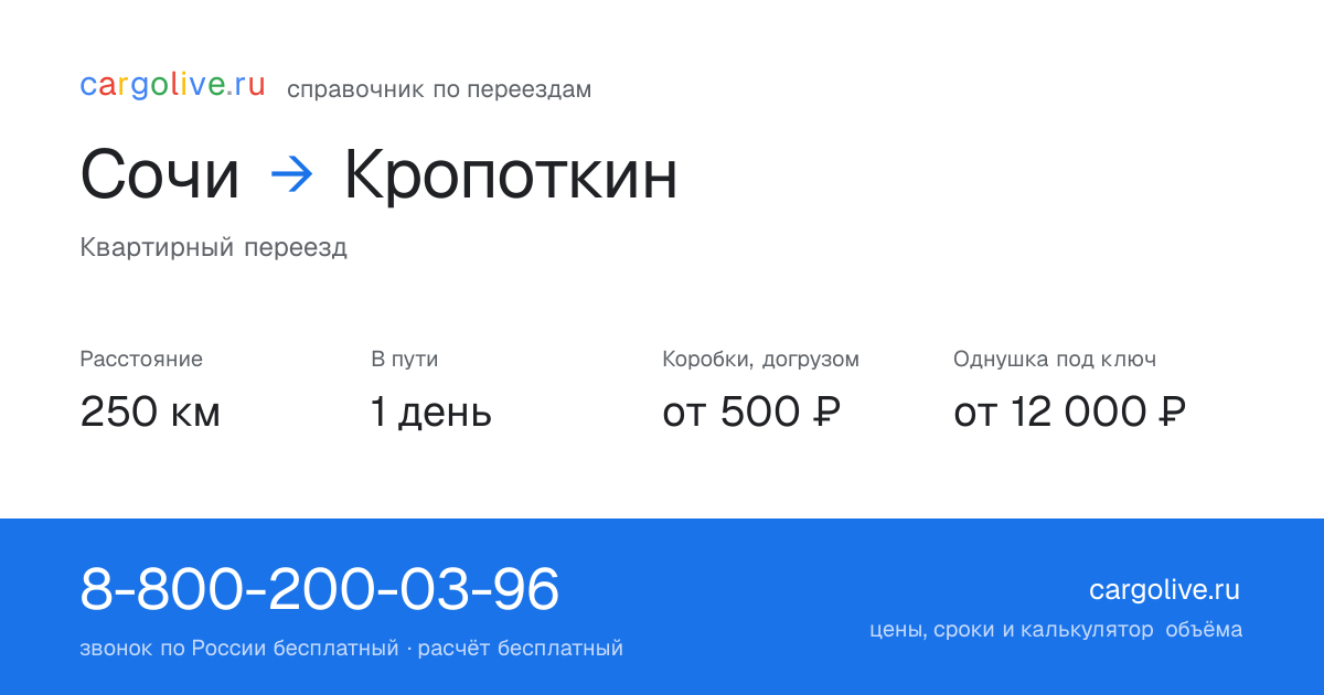 Переезд из Сочи в Кропоткин: 250 км, 1 день в пути, от 2 000 ₽