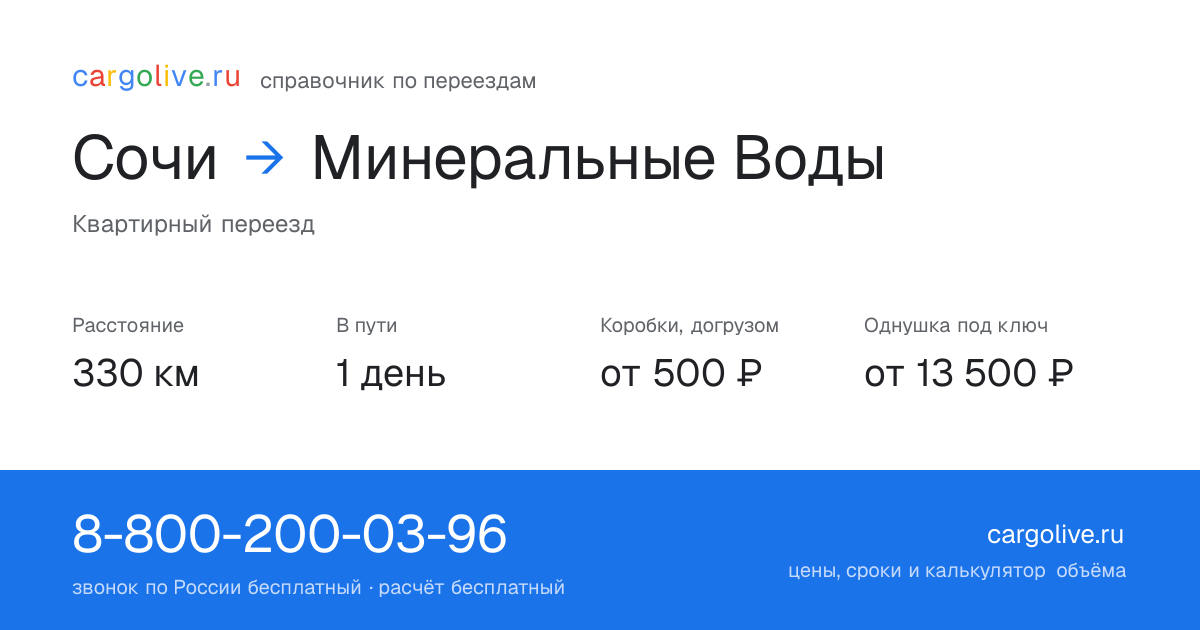 Переезд из Сочи в Минеральные Воды: 330 км, 1 день в пути, от 2 000 ₽