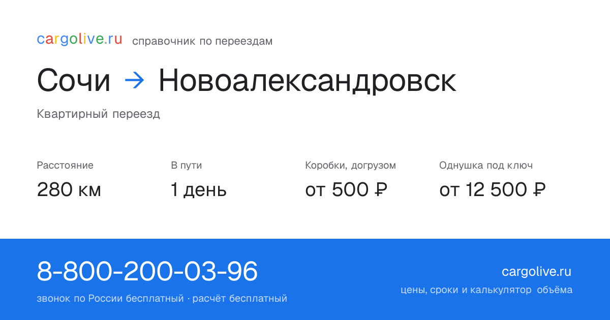 Переезд из Сочи в Новоалександровск: 280 км, 1 день в пути, от 2 000 ₽