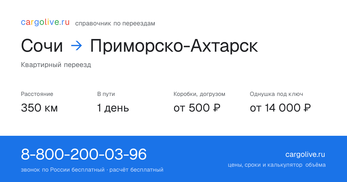 Переезд из Сочи в Приморско-Ахтарск: 350 км, 1 день в пути, от 2 000 ₽