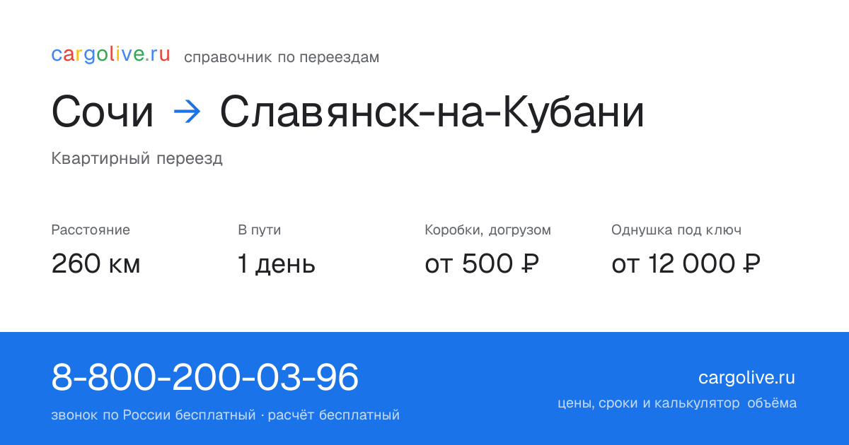 Переезд из Сочи в Славянск-на-Кубани: 260 км, 1 день в пути, от 2 000 ₽