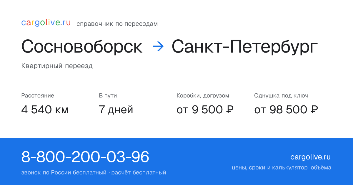 Переезд из Сосновоборска в Санкт-Петербург: 4 540 км, 7 дней в пути, от 9 500 ₽