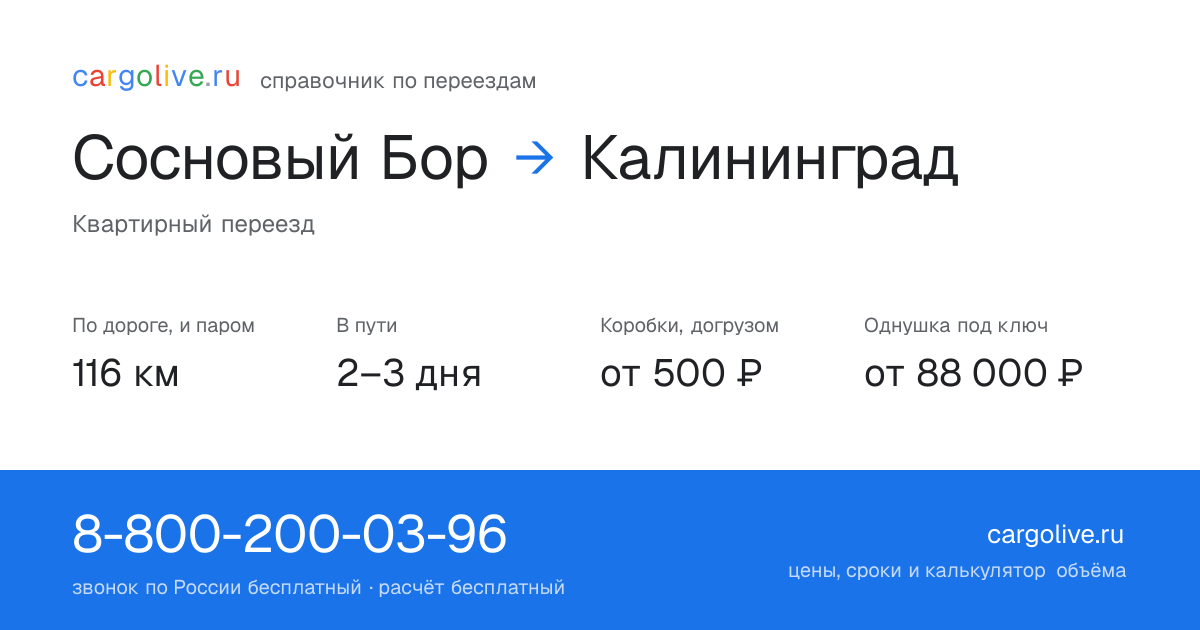 Переезд из Соснового Бора в Калининград: 116 км по дороге и паром, 2–3 дня в пути, от 2 000 ₽