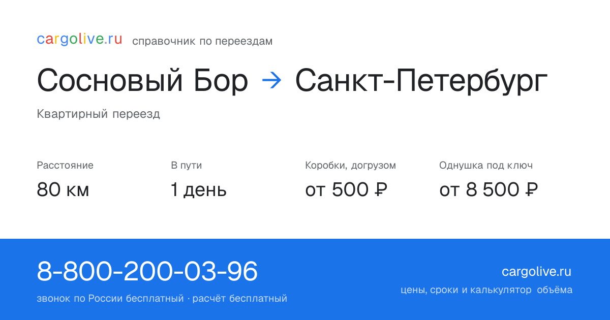 Переезд из Соснового Бора в Санкт-Петербург: 80 км, 1 день в пути, от 2 000 ₽