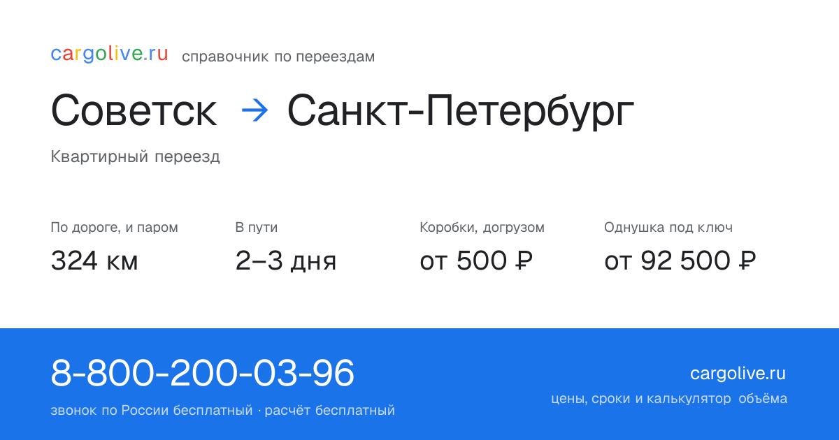 Переезд из Советска в Санкт-Петербург: 324 км по дороге и паром, 2–3 дня в пути, от 2 000 ₽