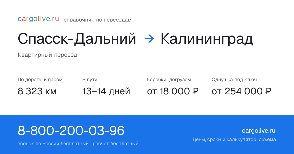 Переезд из Спасска-Дальнего в Калининград: 8 323 км по дороге и паром, 13–14 дней в пути, от 18 000 ₽