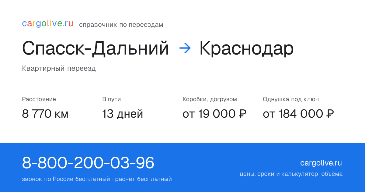 Переезд из Спасска-Дальнего в Краснодар: 8 770 км, 13 дней в пути, от 19 000 ₽