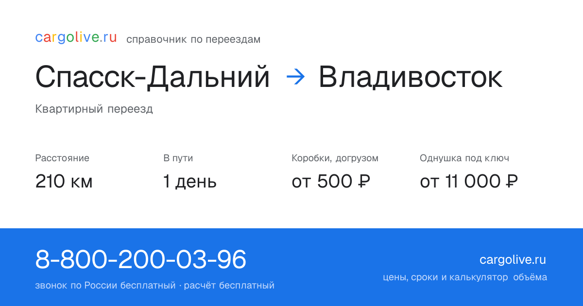 Переезд из Спасска-Дальнего во Владивосток: 210 км, 1 день в пути, от 2 000 ₽