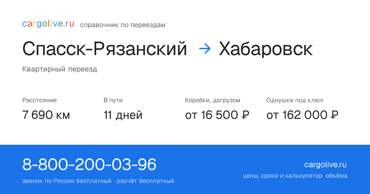 Переезд из Спасска-Рязанского в Хабаровск: 7 690 км, 11 дней в пути, от 16 500 ₽