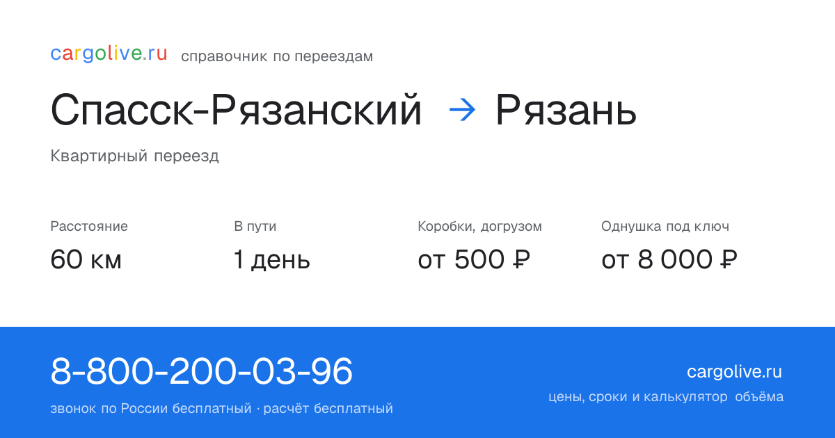 Переезд из Спасска-Рязанского в Рязань: 60 км, 1 день в пути, от 2 000 ₽