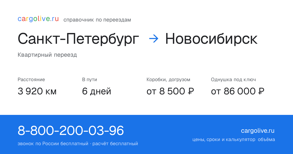 Переезд из Санкт-Петербурга в Новосибирск: 3 920 км, 6 дней в пути, от 8 500 ₽