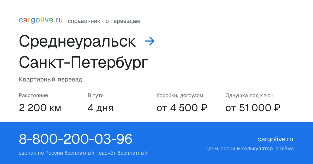 Переезд из Среднеуральска в Санкт-Петербург: 2 200 км, 4 дня в пути, от 4 500 ₽