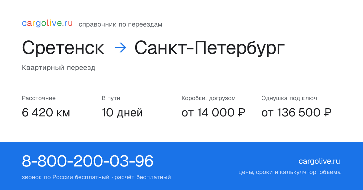Переезд из Сретенска в Санкт-Петербург: 6 420 км, 10 дней в пути, от 14 000 ₽