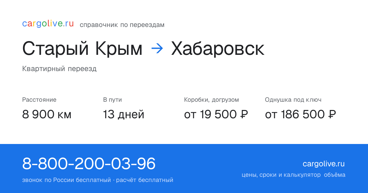 Переезд из Старого Крыма в Хабаровск: 8 900 км, 13 дней в пути, от 19 500 ₽
