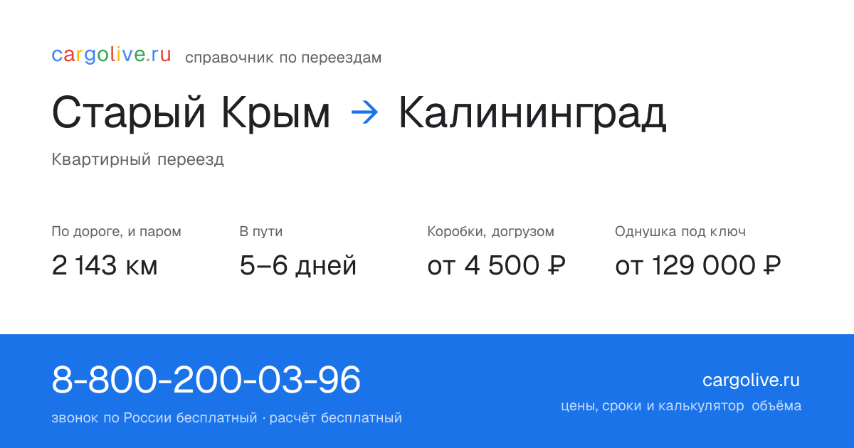Переезд из Старого Крыма в Калининград: 2 143 км по дороге и паром, 5–6 дней в пути, от 4 500 ₽