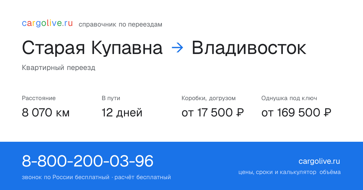 Переезд из Старой Купавны во Владивосток: 8 070 км, 12 дней в пути, от 17 500 ₽
