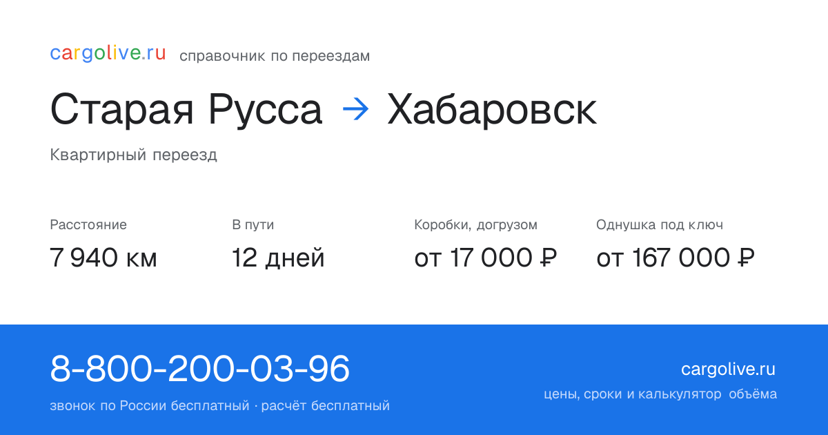 Переезд из Старой Руссы в Хабаровск: 7 940 км, 12 дней в пути, от 17 000 ₽