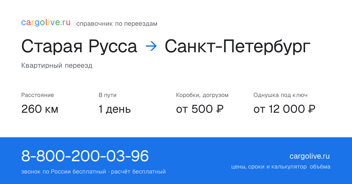 Переезд из Старой Руссы в Санкт-Петербург: 260 км, 1 день в пути, от 2 000 ₽