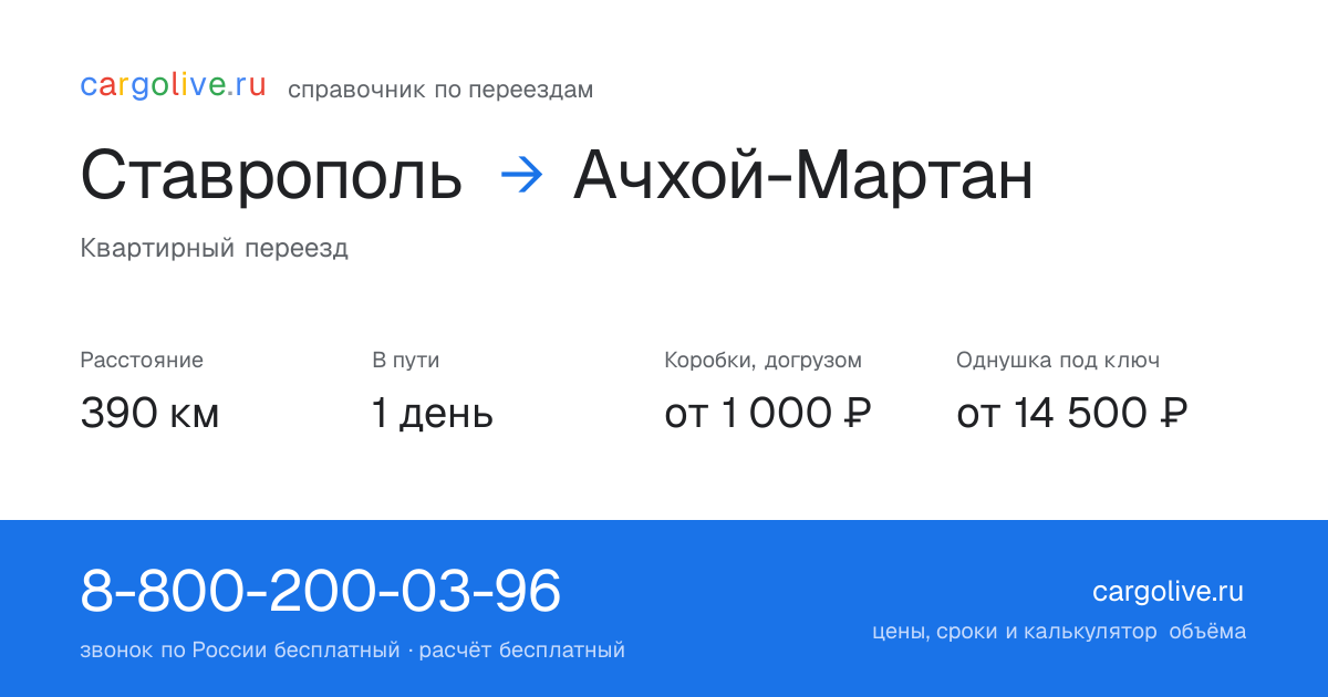 Переезд из Ставрополя в Ачхой-Мартан: 390 км, 1 день в пути, от 2 000 ₽