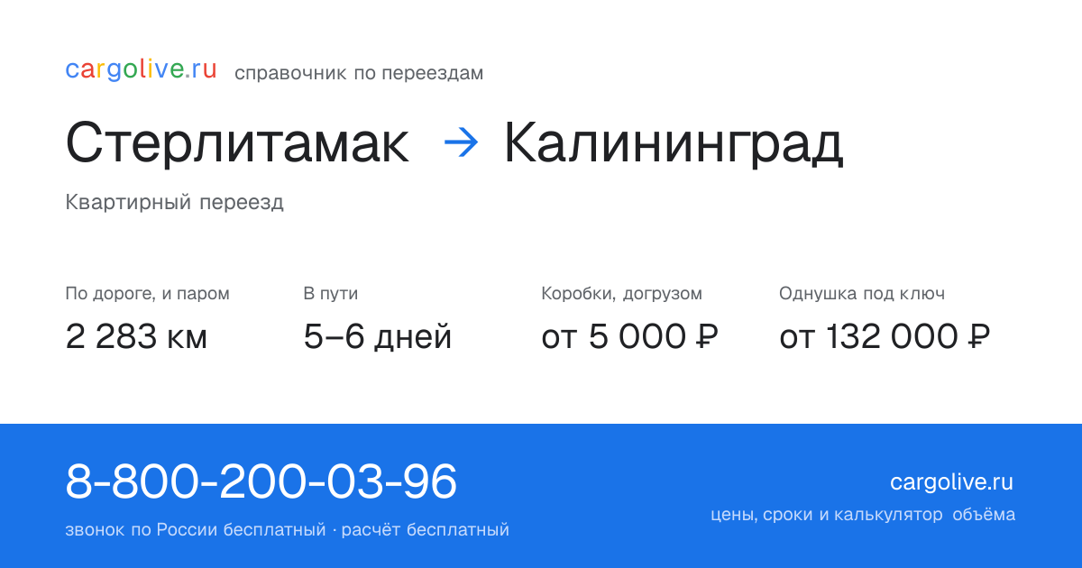 Переезд из Стерлитамака в Калининград: 2 283 км по дороге и паром, 5–6 дней в пути, от 5 000 ₽