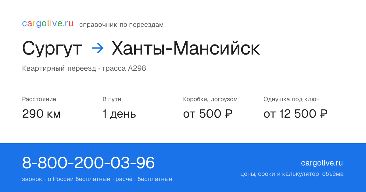 Переезд из Сургута в Ханты-Мансийск: 290 км, 1 день в пути, от 2 000 ₽
