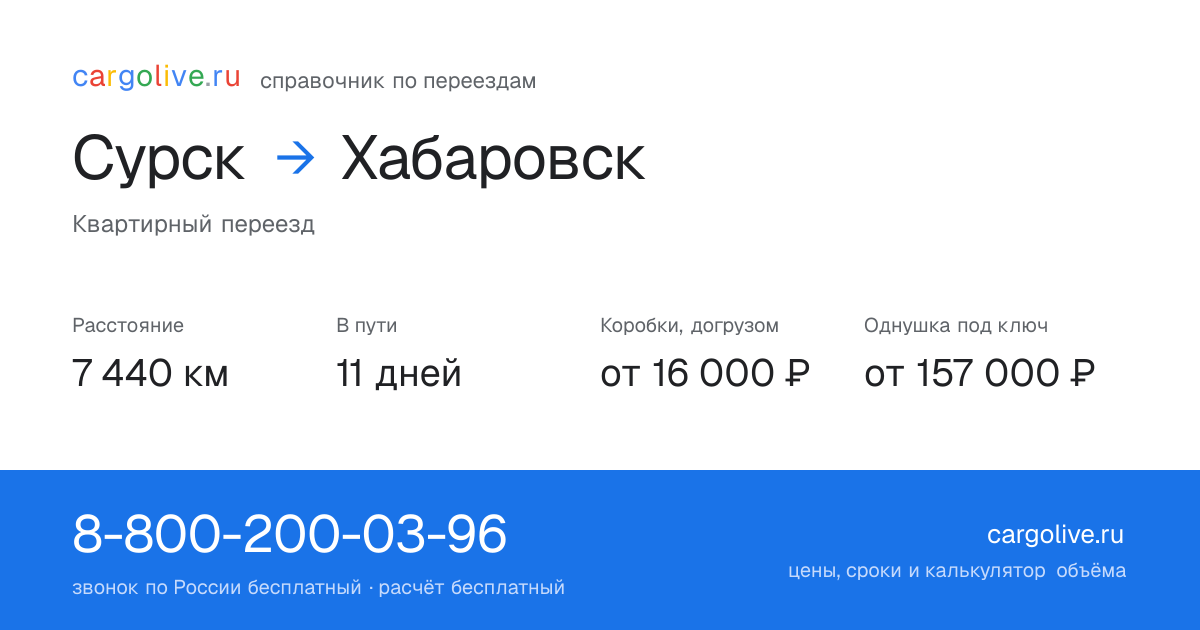Переезд из Сурска в Хабаровск: 7 440 км, 11 дней в пути, от 16 000 ₽