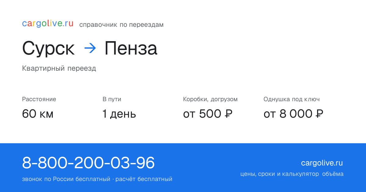 Переезд из Сурска в Пензу: 60 км, 1 день в пути, от 2 000 ₽